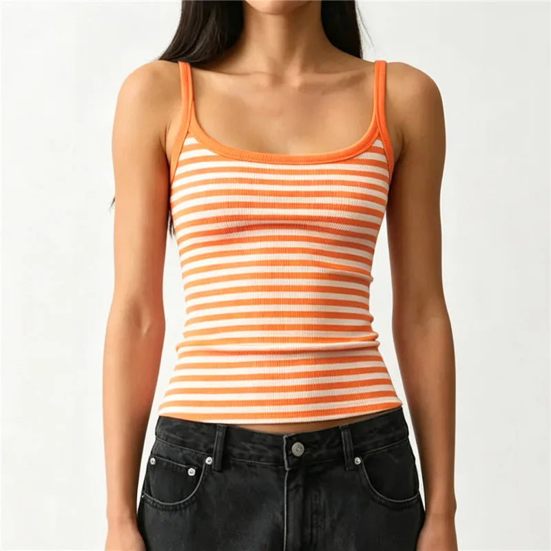 Women Striped Ribbed Tank Top U Neck Sleeveless Slim Fit Cami Top Y2K Retro Stripe Print Summer Casual Camisole