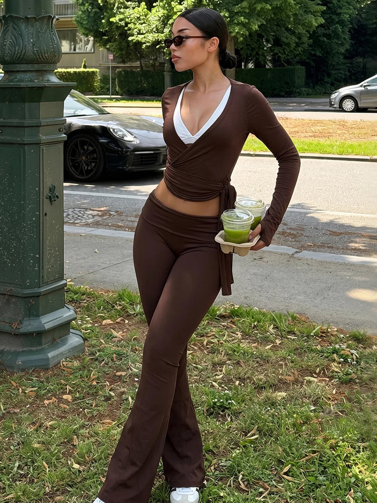 Sporty 2Piece Set Woman Autumn Cross V-Neck Full Sleeve Tassel Crop Top+Elastic Waist Long Pant Casual Fashion Basic Suit