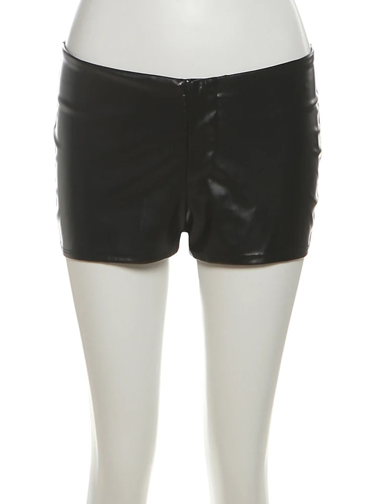 Sexy Punk Pu 2-Piece Set Women Irregular Corset Top+Skinny Zip Shorts Matching Simple Hottie High Street Hipster Clubwear