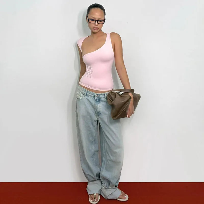 Asymmetric Neck Cut Out Tank Top Streetwear Summer Solid Color Sleeveless Backless Crop Tops Rave Clothing