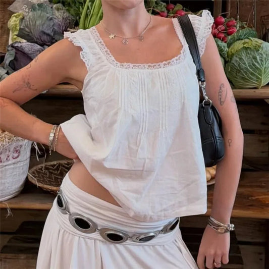 Women Vintage Lace Trim Square Neck Tank Top Sleeveless Pleated Cotton Blouse Cottagecore Summer Casual Daily Wear