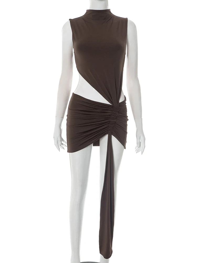 Irregular Hollow Dress Women o-Neck Sleeveless Waistless Skinny Ruched Tassel Midnight Club Party Sexy Mini Bodycon