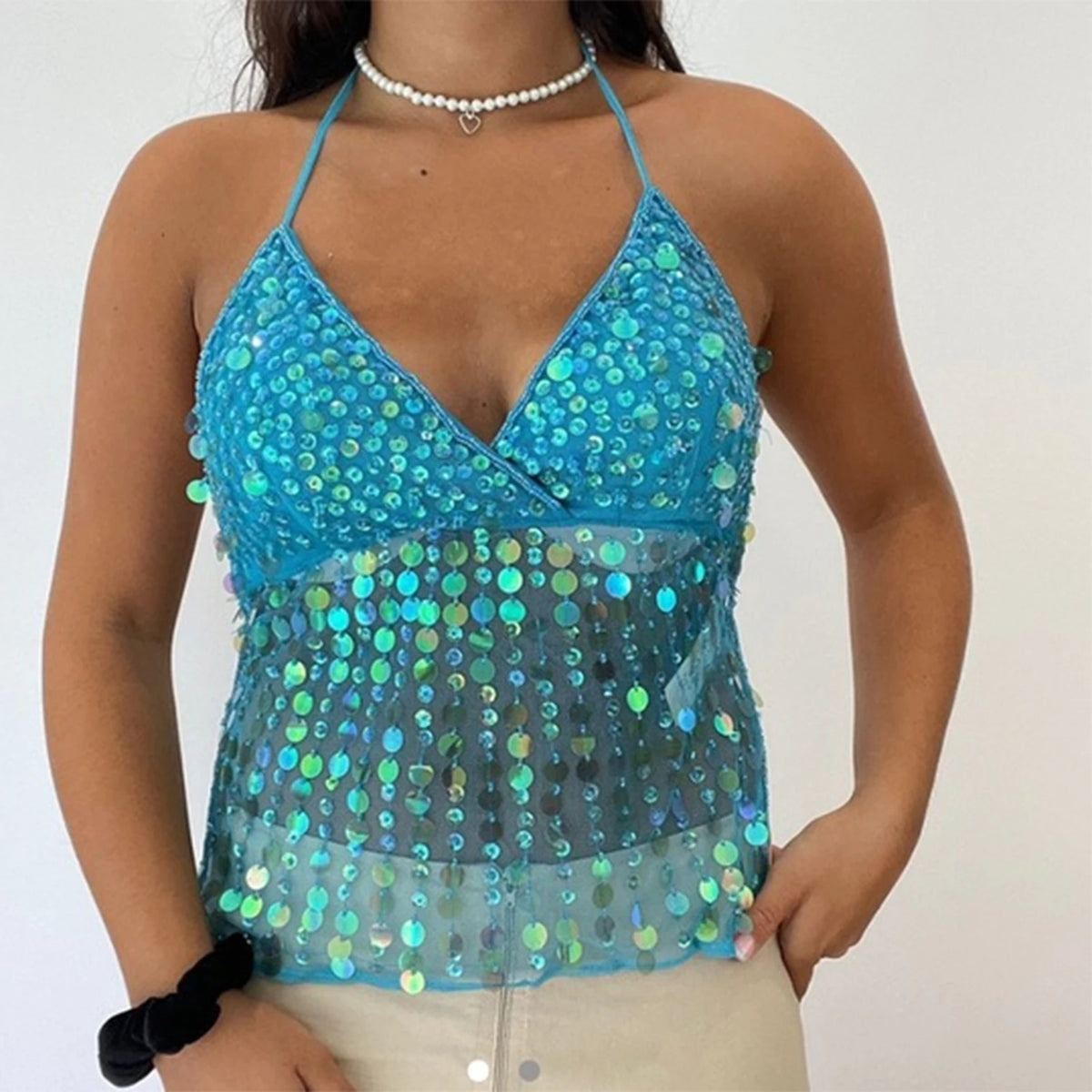 Women Sequin Halter Top Sexy Sleeveless Deep V Neck Glitter Tank Top Sparkle Backless Crop Top Summer Streetwear