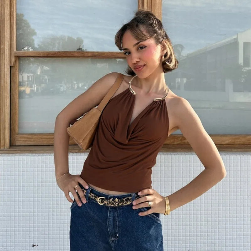 Backless Halter Tops for Woman Sexy Summer Clothes 2026 Solid Color Low Cut Tanks Top Camis
