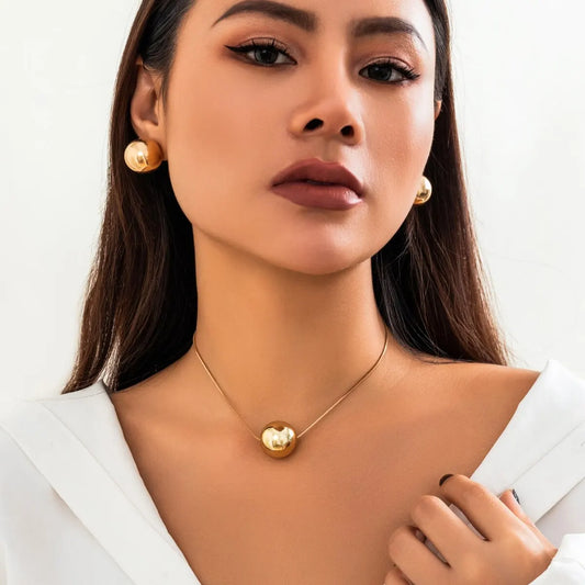 2Pcs/Set Exaggerated Big Ball Pendant Snake Bone Chain Necklace Stud Earrings for Women Vintage Choker Jewelry Set Gift Party