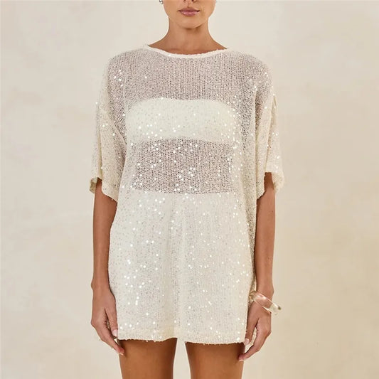 Women's Oversized Sequin Mesh T-Shirt Sheer Knit Half Sleeve Sparkly Blouse Casual Summer Beach Cover Up Top Party Club
