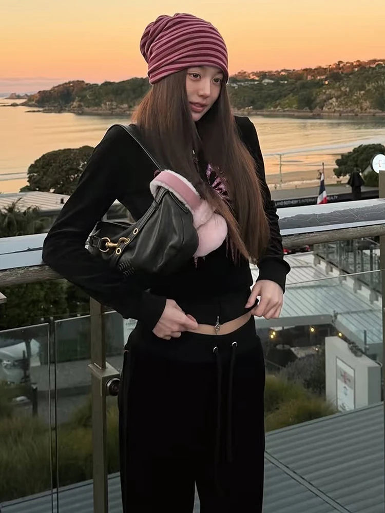 Butterfly Print 2-Piece Set Women Zip Hooded Full Sleeve Crop Tops+Drawstring Elastic Waist Pants Autumn Trend Suits