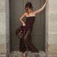 Elegant Long Dresses Summer See Through Mesh Patchwork Strapless Pleated Dress Party Night Elegant