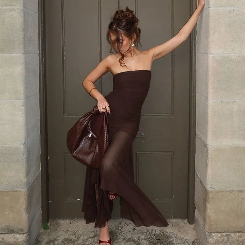 Elegant Long Dresses Summer See Through Mesh Patchwork Strapless Pleated Dress Party Night Elegant