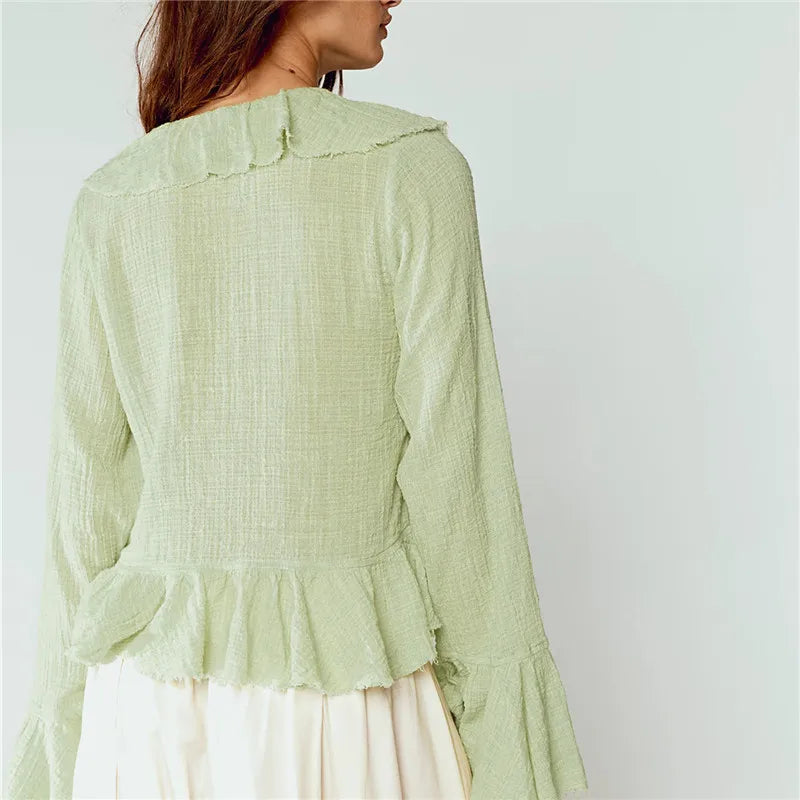 Y2K Retro Raw Fringe Ruffle Crop Blouse Women Crinkled Texture V Neck Tie Front Flare Long Sleeve Casual Street Shirts