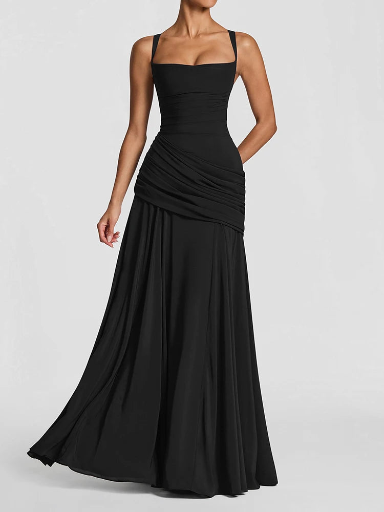 Off-shoulder Backless Sexy Maxi Dress Women Elegant Strapless Sleeveless Bodycon Ruched Club Party Long Dresses Female