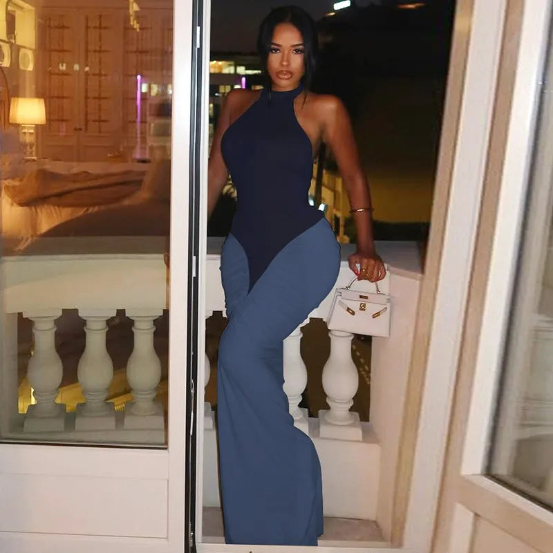 Patchwork Halter Backless Maxi Dress for Dinner Evening Gown Sexy Elegant Party Dresses for Woman Fall 2025