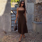 Spaghetti Strap A-line Midi Dress with Draped Neckline Elegant Brown Dresses for Woman 2026