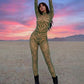 Classic Jumpsuit Women See Through  High Neck Vintage Print Skinny Sexy Midnight Fashion Wild Street Outfits