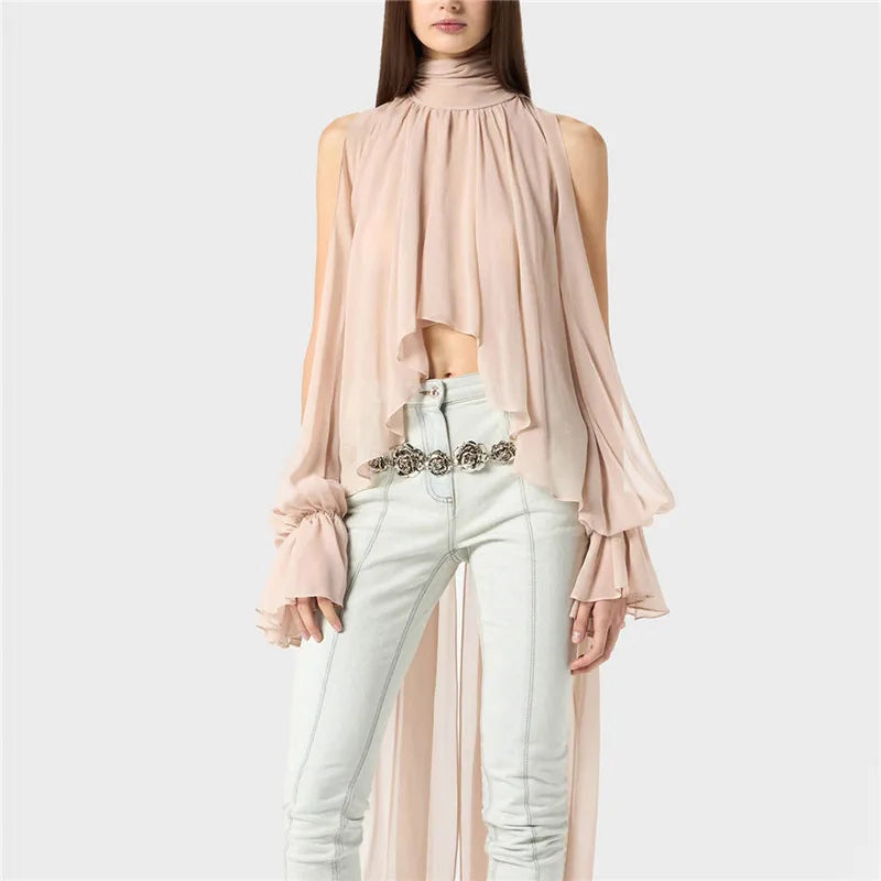 Chic Halter Neck Chiffon Blouse for Women Tie Back Asymmetrical Hem Flare Sleeve Sheer Mesh Top Casual Summer Party Club