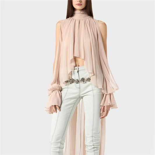Chic Halter Neck Chiffon Blouse for Women Tie Back Asymmetrical Hem Flare Sleeve Sheer Mesh Top Casual Summer Party Club