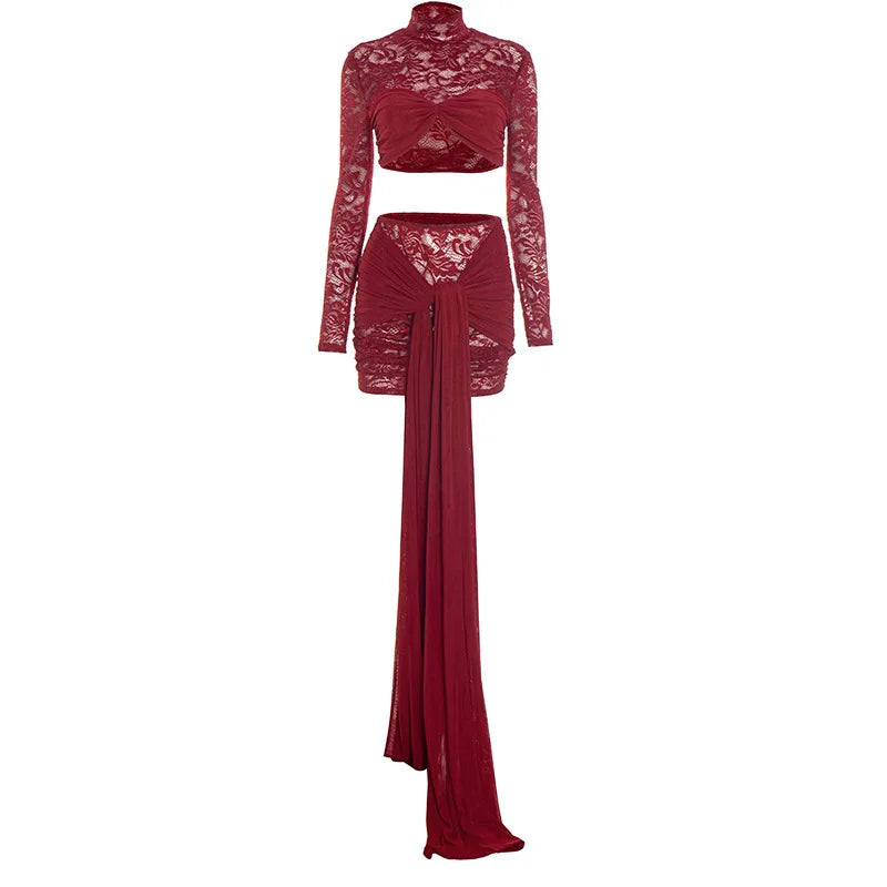 See Through Lace Mesh Two Piece Set Long Sleeve Crop Top and Mini Skirt Matching Sets Sexy Outfits Women