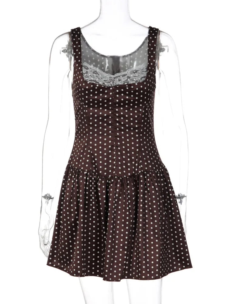 Polka Dot Backless Sexy Mini Dress Women Gown Elegant Lace Patchwork Spaghetti Strap Sleeveless High Waist Club Dress