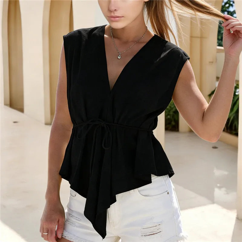 Women V Neck Sleeveless Tie Waist Tank Top Irregular Asymmetrical Hem Peplum Blouse Casual Summer Beach Vacation Vest