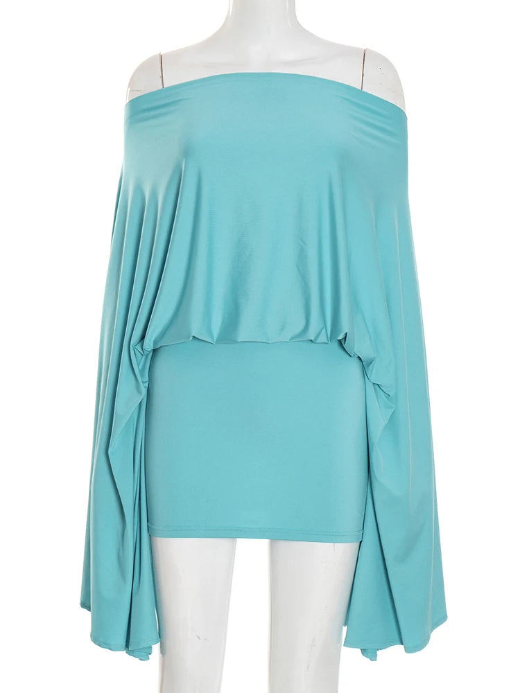 Sexy Slash Neck 2-Piece Set Women Big Flare Sleeve Top+Peach Hip Skirt Matching Stretch Skinny Elegant Street Outfits