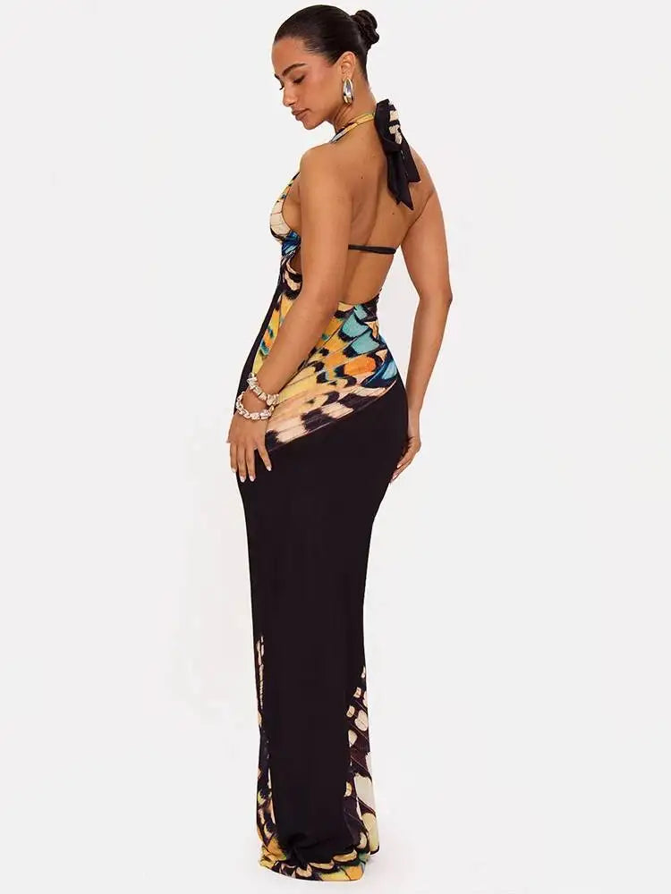 Women Butterfly Print Halter Maxi Dress Deep V Neck Bodycon Long Dress Sleeveless Backless Evening Party Club Dresses