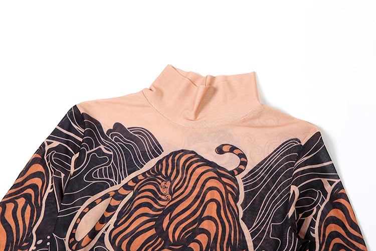 See Through T-Shirts Women Tiger Print Long Sleeve High Neck High Slits High Elastic Skinny Trend Street Hipster Tops