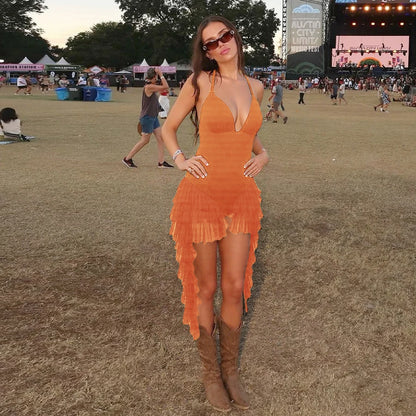 Tierred Ruffle Tassel Women Playsuits Sexy Hipster Halter V-neck Backless Rompers Music festivals Party Summer Romper