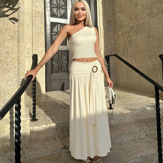 Sexy Two Piece Set Smocked One Shoulder Crop Top and Long Skirts Elegant Woman Vacation Outfits