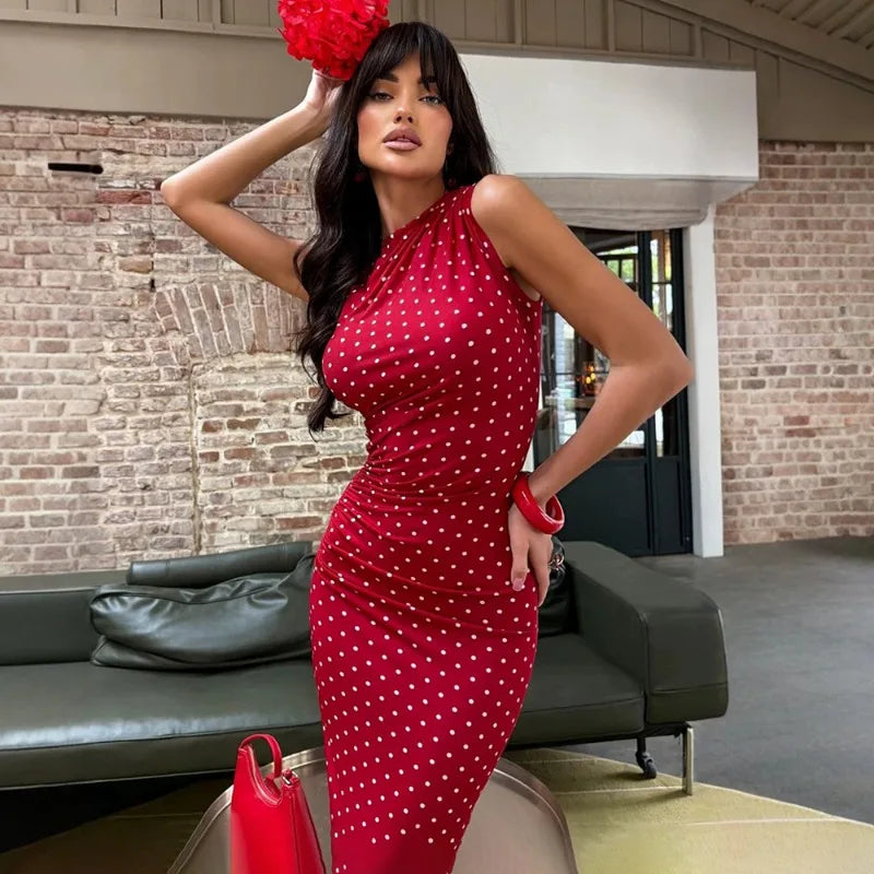 Polka Dot Print Sleeveless Bodycon Mermaid Maxi Dress 2026 Woman Elegant Vintage Long Party Dresses