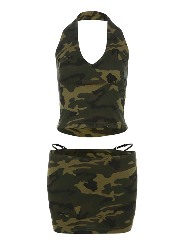 Sexy Camouflage Print Women 2 Piece Set Halter Backless Tank Tops+Hollow High-Waist Skirts Stretch Matching Clubwear