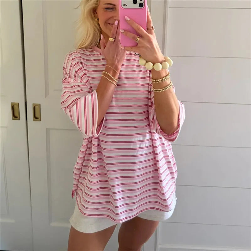 Y2K Pink Striped Oversized T Shirt Casual Loose Half Sleeve Crew Neck Tee Grunge Aesthetic Streetwear Summer Top