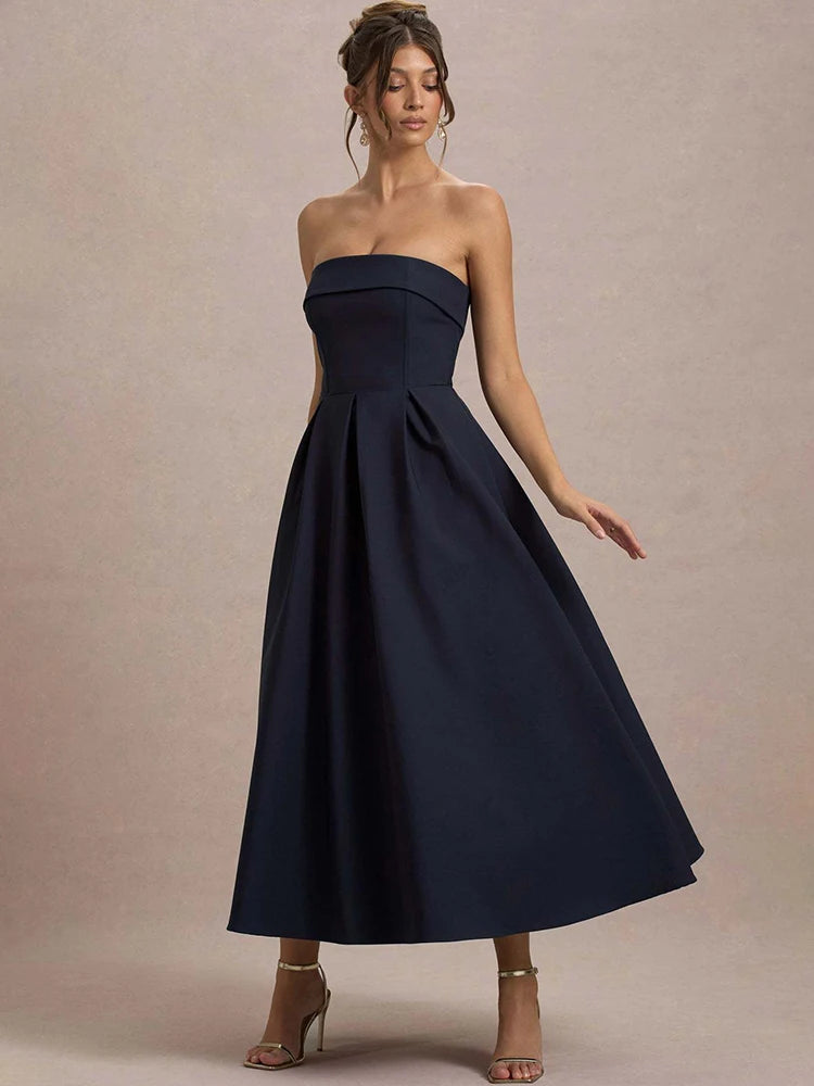 Off-shoulder Strapless Sexy Midi Dress Women Fashion Elegant Sleeveless Backless High Waist A-line Club Party Dress New
