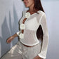 3D Floral Crochet Mesh Top Women Hollow See Through Flare Sleeve Keyhole Rose Button Cropped Knit Blouse Travel Dating