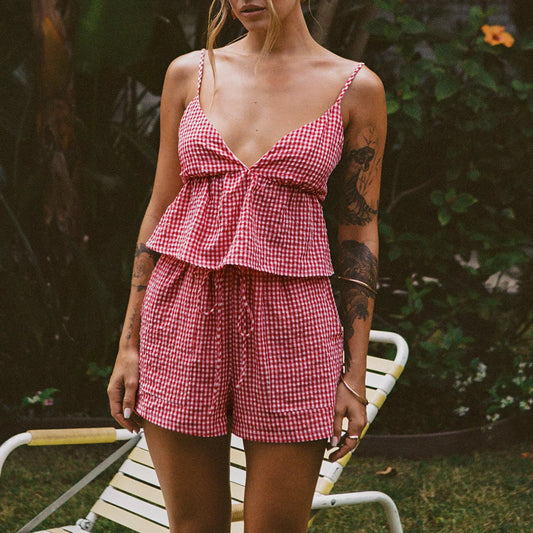 Women Vintage Two Piece Shorts Set Plaid V-neck Backless Camisole with Elastic Waist Shorts Summer Beach Holiday Outfit