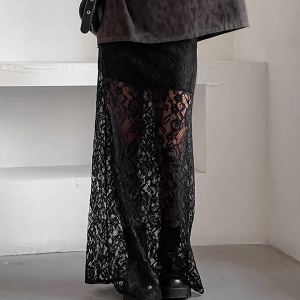 Women Fairy Lace Maxi Skirt Y2K Vintage Sheer Mesh Lace Floral Bodycon Long Skirt Sexy See-Through Half Slip Skirts
