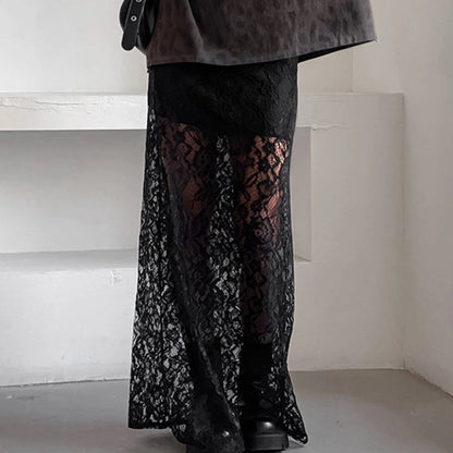Women Fairy Lace Maxi Skirt Y2K Vintage Sheer Mesh Lace Floral Bodycon Long Skirt Sexy See-Through Half Slip Skirts