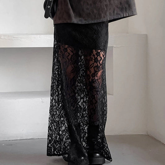 Women Fairy Lace Maxi Skirt Y2K Vintage Sheer Mesh Lace Floral Bodycon Long Skirt Sexy See-Through Half Slip Skirts