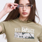 Women's Green Slim T-Shirt with Portrait Graphic Print, Y2K Ruched Short Sleeve Tee for Summer, Chic Aesthetic Crop Top
