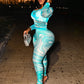 Art Pint 2-Piece Set Women See Through Full Sleeve Crop Top+Elastic Waist Skinny Pant Sexy Fashion Midnight Suit