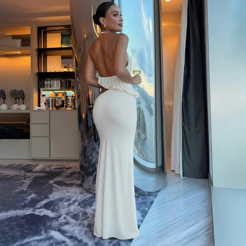 White 2 Pieces Set Asymmetric Halter Top and Maxi Skirt Sets Sexy Holiday Outfits Woman Clothing