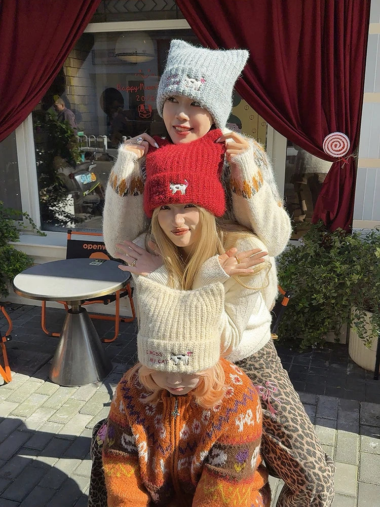 Y2K Cute Solid Kitten Embroidery Cat Ear Beanie For Women