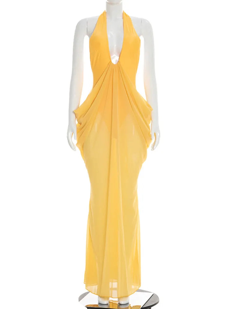 Deep V Neck Backless Sexy Maxi Dress Women Summer Elegant Halter Off-shoulder Sleeveless See Through Beach Club Dress