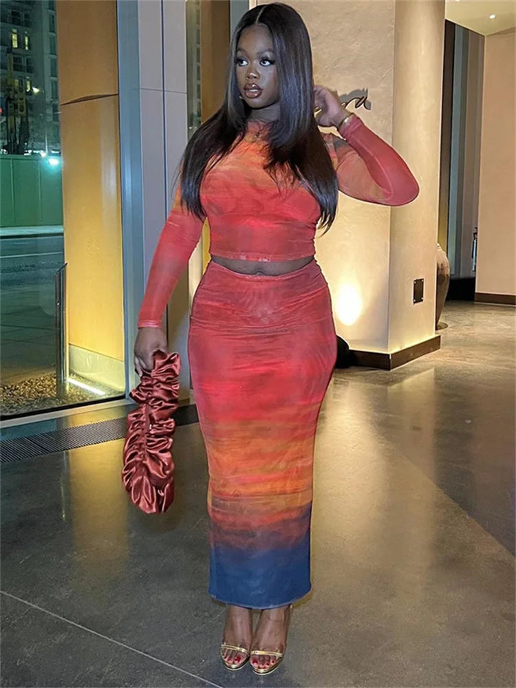 Colorful Print 2 Piece Set Women o-Neck Skinny Full Sleeve Crop Tops+Maxi Skirts Hot Girls Street Elegant Outfits