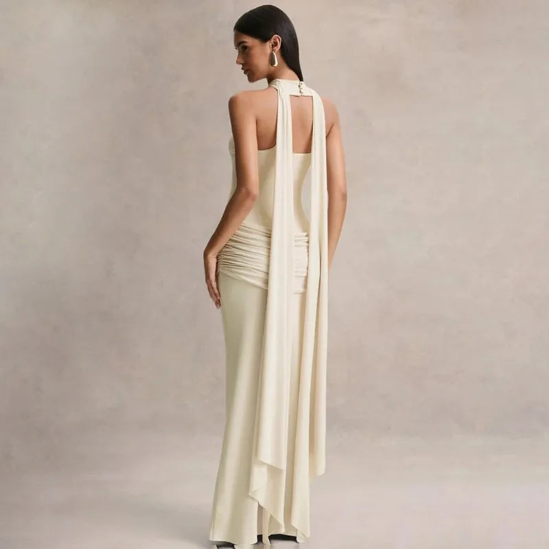 Elegant Party Evening Dresses Wedding Guest Black Strapless Maxi Dress with Draped Detailing and Scarf