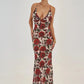 Spaghetti Strap Backless Print Dress For Women Fashion Deep V Neck Sleeveless Lace Up Bodycon Printed Sexy Long Dress