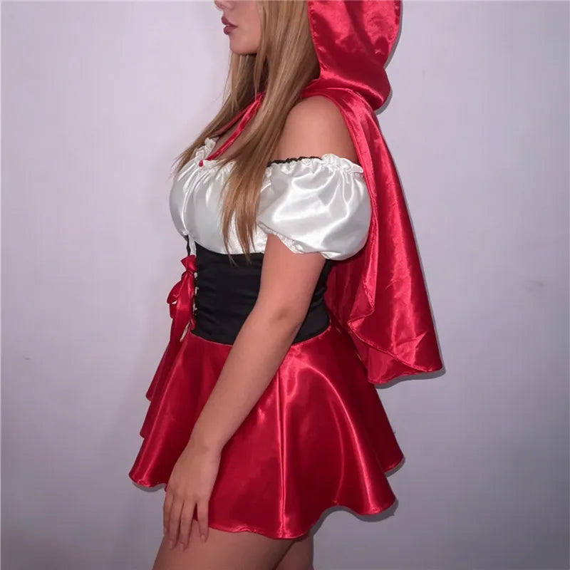 Women Off Shoulder Short Sleeve Tie Front Mini Dress With Hooded Cape Fairy Tale Cosplay Party Costume Outfit