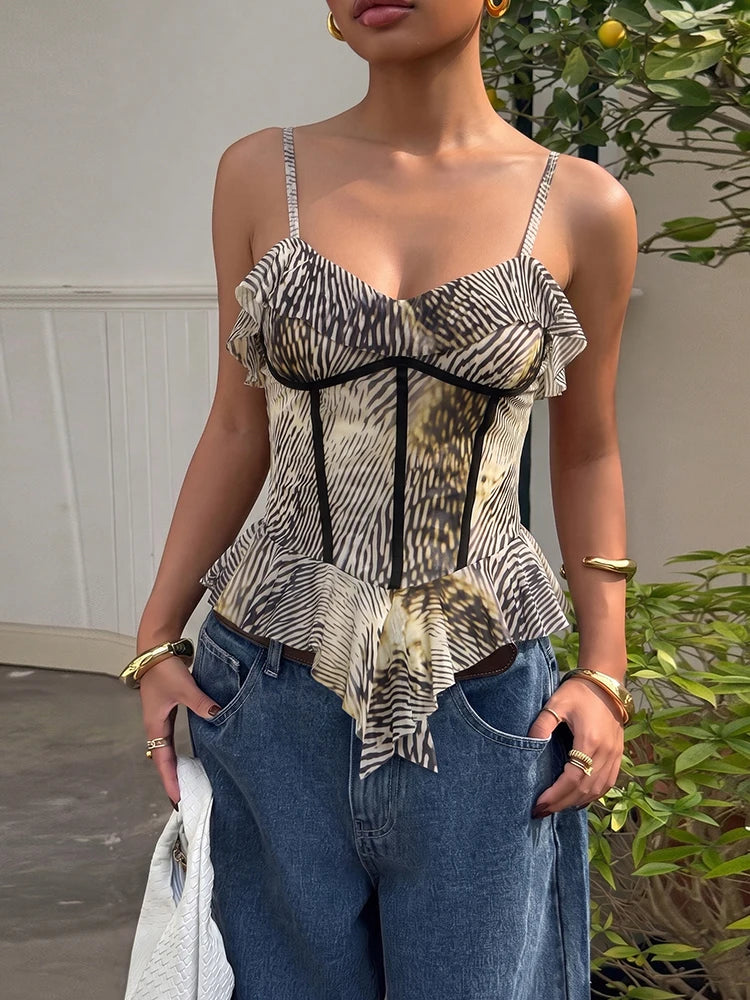 Folds Art Print Irregular Hem Camisole Women Low-Neck Line Decoration Skinny Sexy Summer Fashion Chic Midnight Outfits
