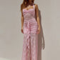 Lace Draped Ruched Sexy Maxi Dress Women Summer Patchwork Halter Sleeveless Backless Bodycon Club Long Dress Elegant