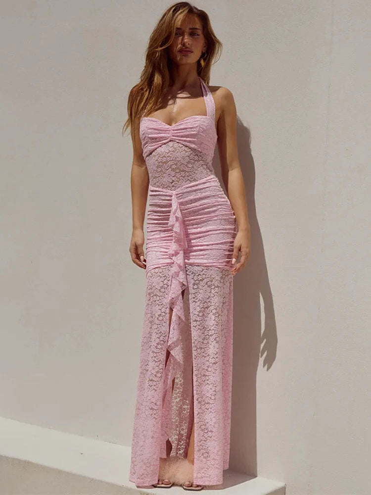 Lace Draped Ruched Sexy Maxi Dress Women Summer Patchwork Halter Sleeveless Backless Bodycon Club Long Dress Elegant