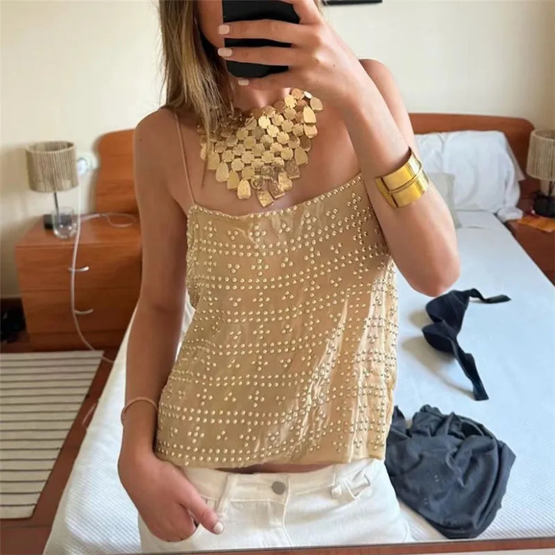 Women's Rhinestone Embellished Cami Top Spaghetti Strap Sheer Mesh Tie Back Sleeveless Loose Casual Summer Party Blouse